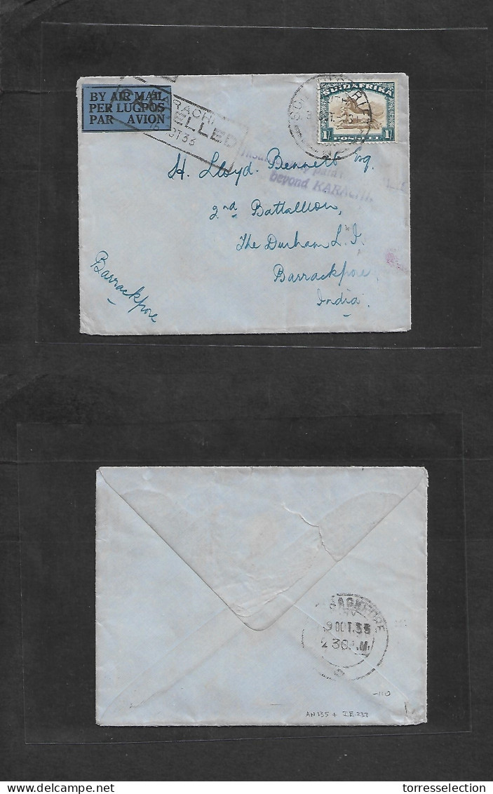 SOUTH AFRICA. 1933 (3 Oct) Schmietdriet - India, Barrackpore (19 Oct) Air Single Fkd 1sh Rate Env With Violet Cachet "In - Other & Unclassified