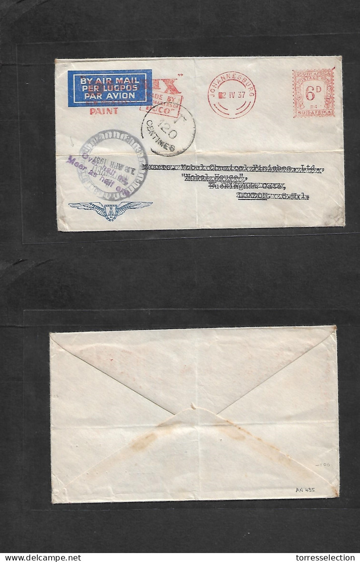 SOUTH AFRICA. 1937 (2 April) Joburg - London, UK (12 Apr) Machine Comercial Fkd 6d Airmail Env + Taxed Aux Mark "120-T"  - Other & Unclassified