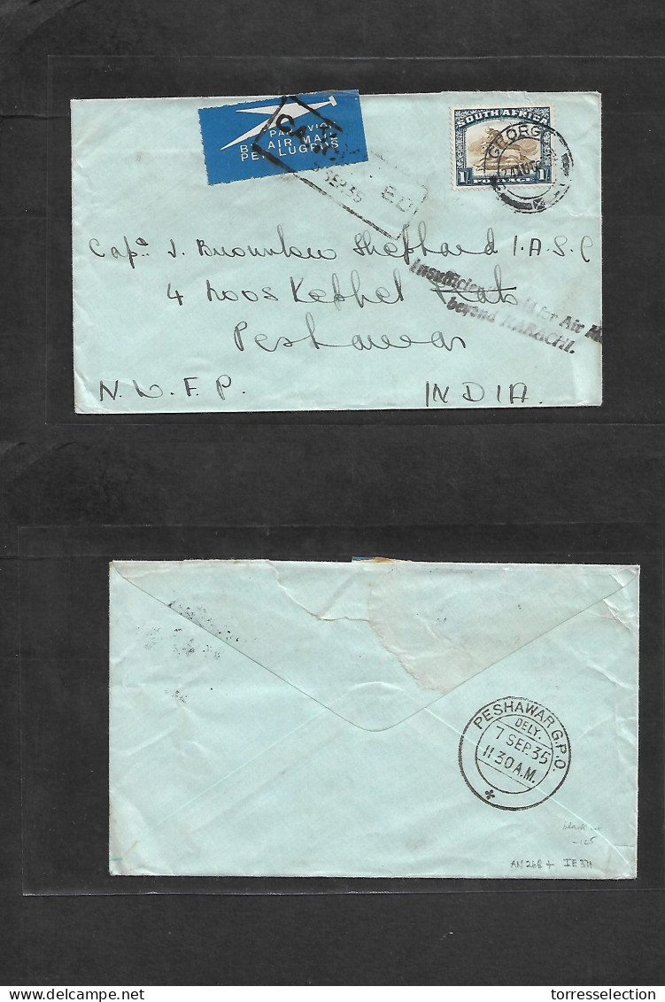 SOUTH AFRICA. 1935 (24 Aug) George - India, Peshawar (Pakistan) 7 Sept 35. Air Single 1sh Fkd Envelope, With Black Cache - Other & Unclassified