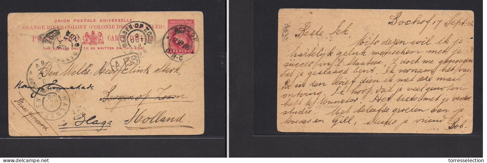 SOUTH AFRICA. 1906 (17 Sept) ORC. Boshof - Netherlands, Halsteren (6 Oct) 1d Red Stat Card, Depart Cds + Transited. Fine - Other & Unclassified