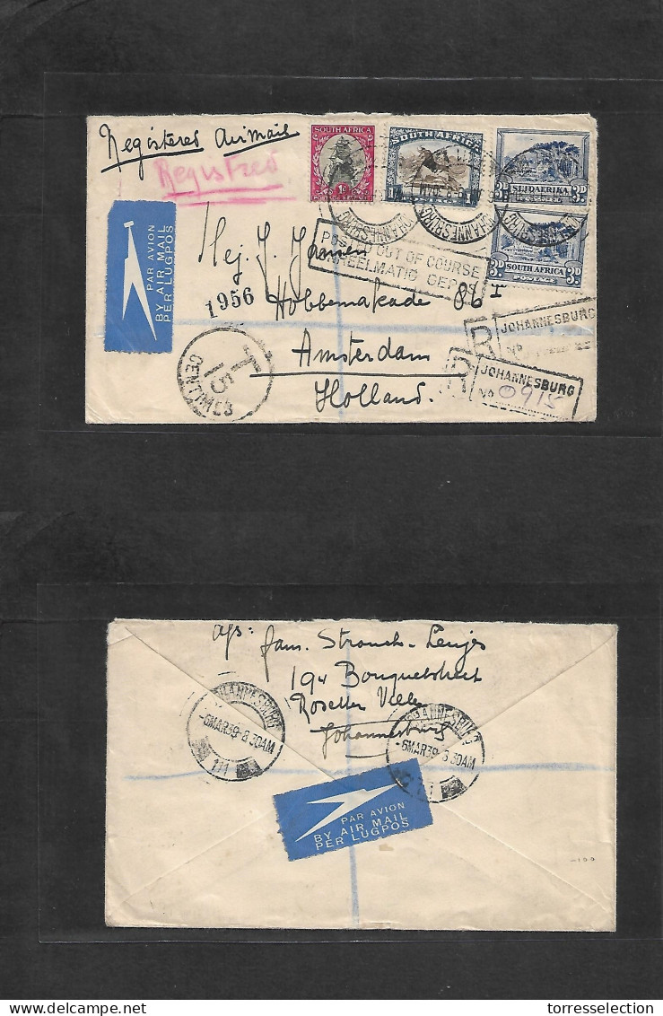 SOUTH AFRICA. 1939 (6 March) Joburg - Netherlands, Amsterdan. Air Registered Multifkd Env, Aux Cachet T-15 + Bilingual " - Other & Unclassified