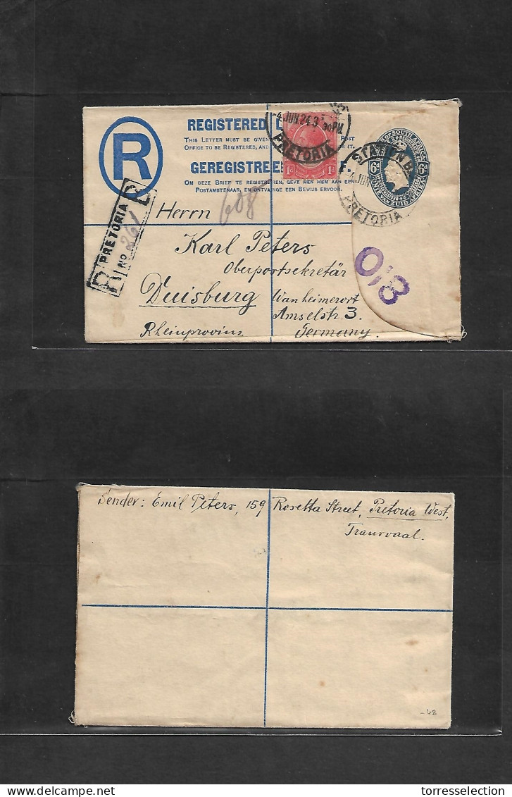 SOUTH AFRICA. 1924 (4 June) Station, Pretoria - Germany, Duisburg. Registered + Adtl 6d Blue Fkd Stat Env. - Other & Unclassified