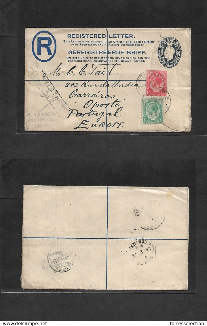 SOUTH AFRICA. 1922 (26 Jan) Transvaal, Nylstrood - Portugal, Oporto (24 Feb). Registered Multifkd 5 1/2d Blue Stat Card  - Other & Unclassified