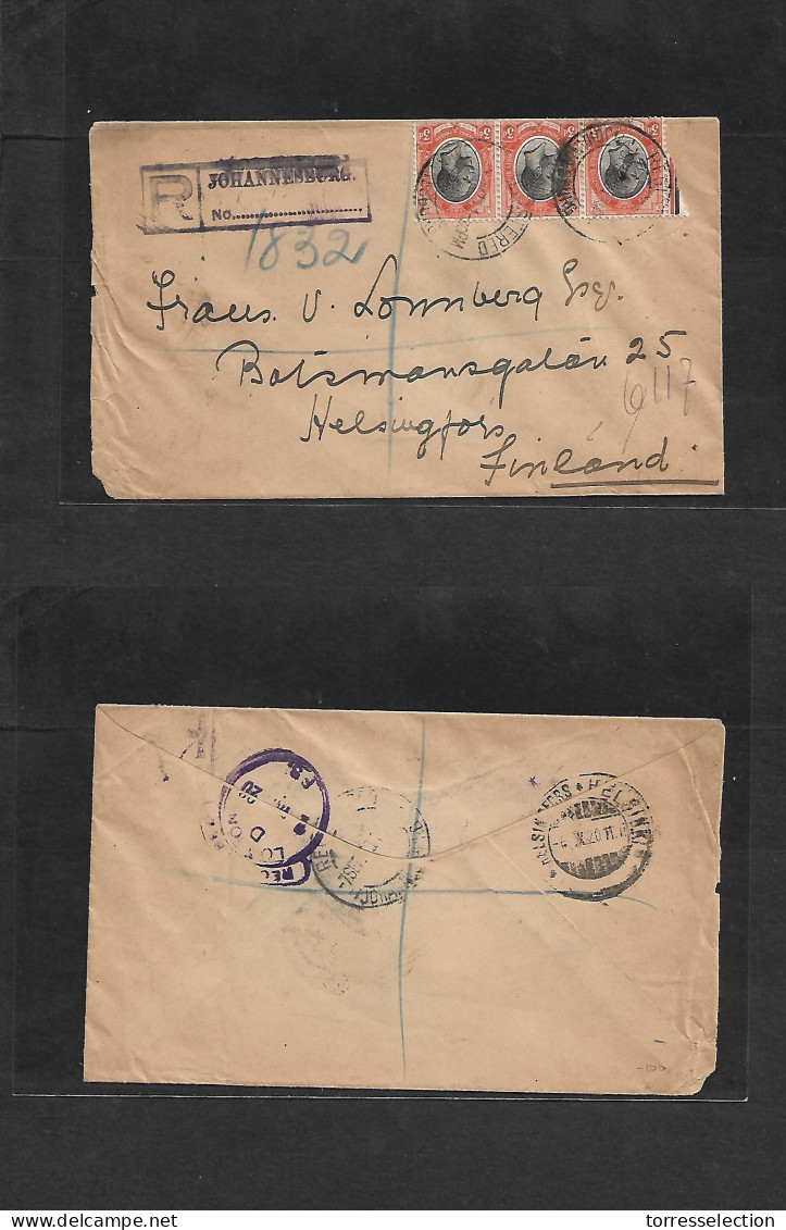 SOUTH AFRICA. 1920 (7 Sept) Joburg - Finland, Helsingfors (6 Oct) Registered Multifkd Envelope. - Other & Unclassified