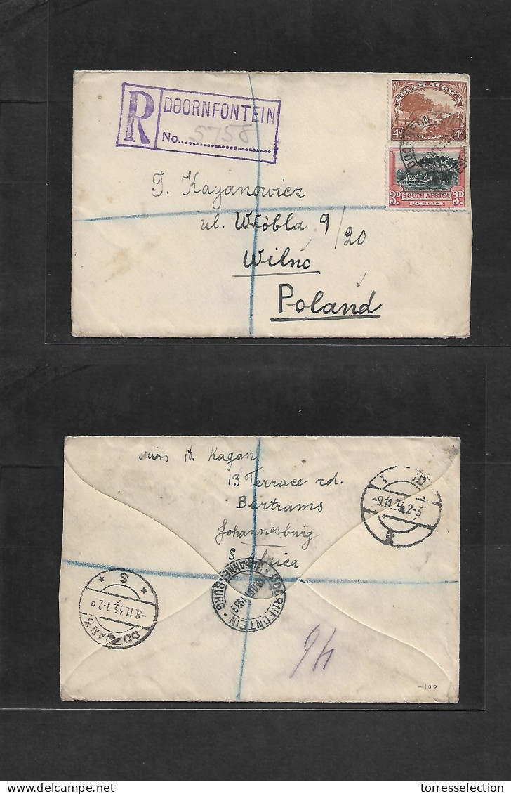 SOUTH AFRICA. 1933 (12 Oct) Doorfortein - POLAND, Wilno (Today Lithuania) (9 Nov) Registered Multifkd Env. Rare Destinat - Altri & Non Classificati