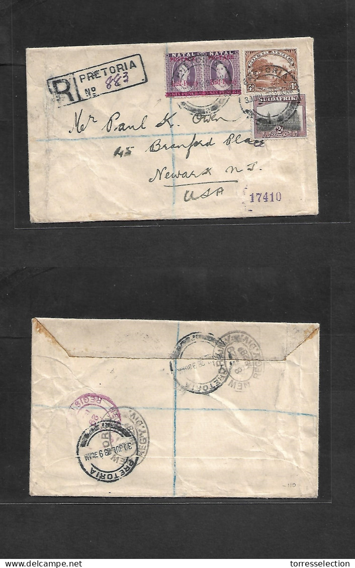 SOUTH AFRICA. 1928 (30 July) Pretoria - USA, Newark, NJ (29 Aug) Registered Mixed Natal + South Africa Multifkd Envelope - Other & Unclassified