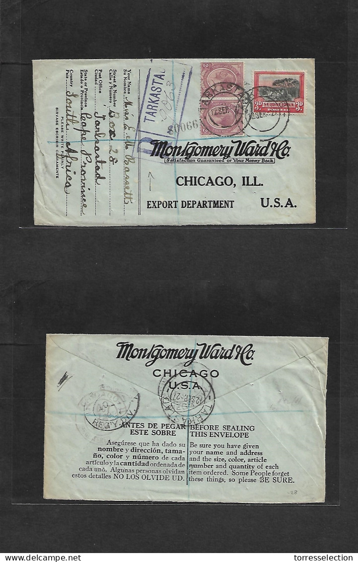 SOUTH AFRICA. 1927 (12 Sept) Tankastad - USA, Chicago, Ill (11 Oct) Registered Multifkd Envelope + R-cachet. - Altri & Non Classificati