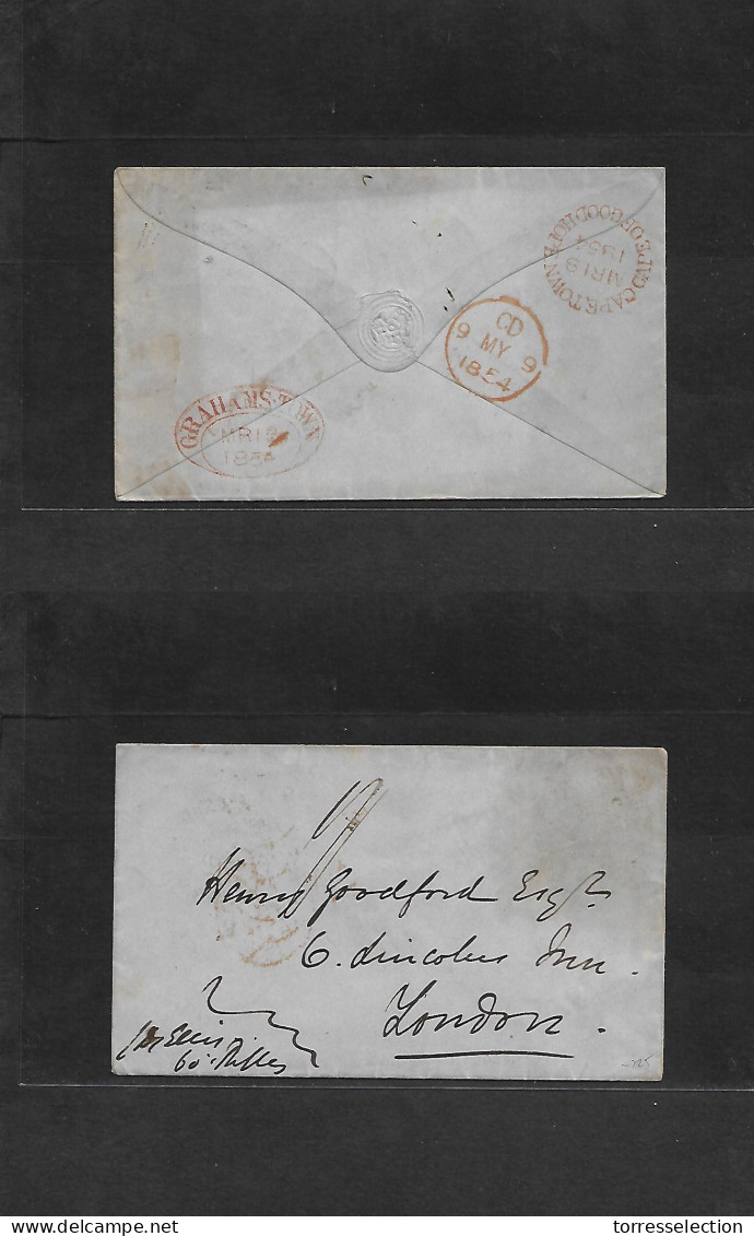 SOUTH AFRICA. 1854 (18 March) Grahams Town - London, UK (9 May) Via Capetown. Stampless Envelope Reverse Red Oval Cachet - Other & Unclassified