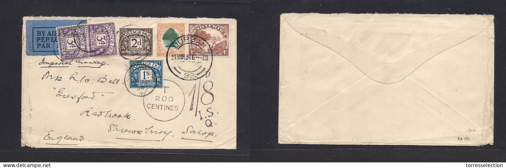 SOUTH AFRICA. 1934 (21 March) Durban - Radhook, Shrewsbury, Salop, England. Air Multifkd Env, Taxed + 4 Postage Dues At  - Other & Unclassified