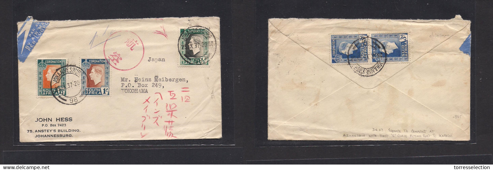 SOUTH AFRICA. 1937 (25 Sept) Joburg - Japan, Yokohoma. Air Multifkd Front And Reverse Envelope Including Red Arrival Con - Altri & Non Classificati