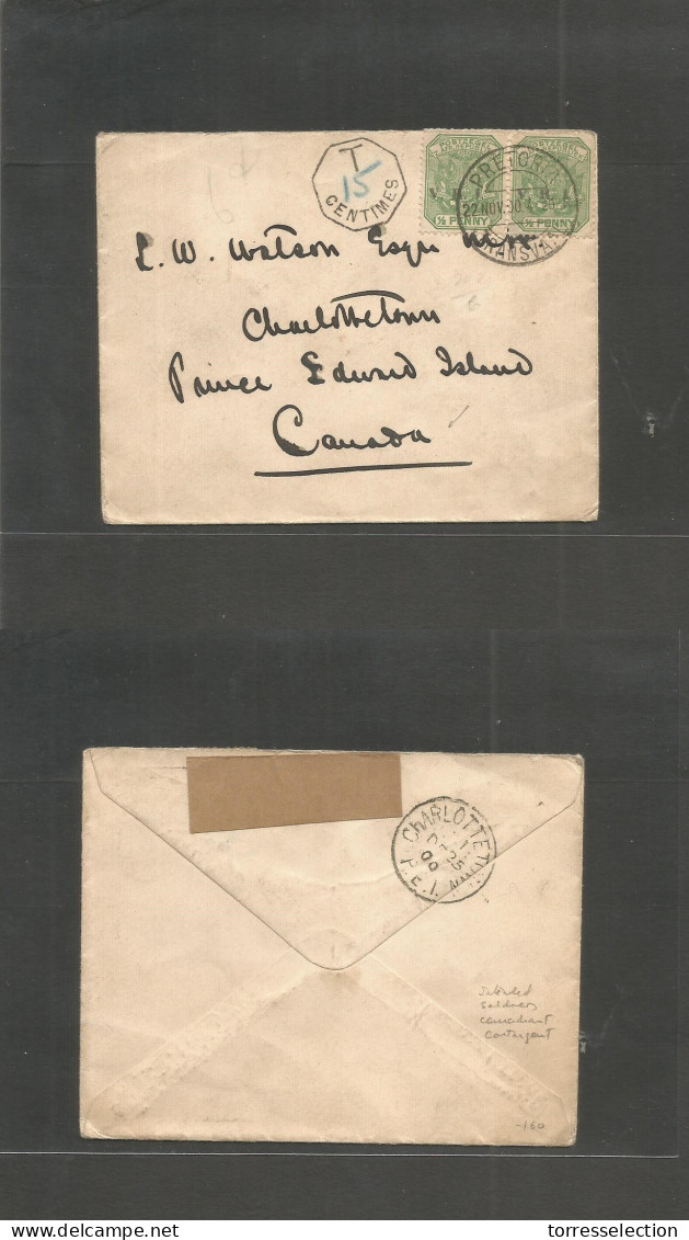 SOUTH AFRICA. 1900 (22 Nov) Boer War. Pretoria - Prince Edward Island, Charlottetown (25 Dec) Fkd 1/2d (x2) Green Envelo - Altri & Non Classificati