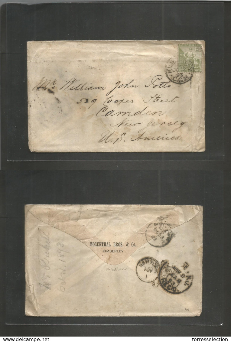 SOUTH AFRICA. 1893 (2 Oct) CGH, Kimberley - USA, NJ, Camden (Nov 1) Fkd Env + Full Contains. Arrival Reverse. - Altri & Non Classificati