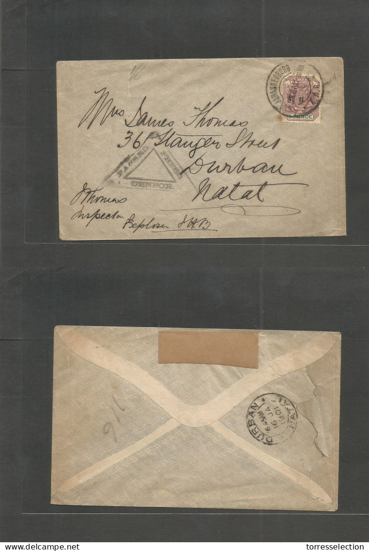 SOUTH AFRICA. 1901 (13 Jan) Joburg - Natal (16 Jan) Local Fkd + Censored Envelope. VF. - Altri & Non Classificati