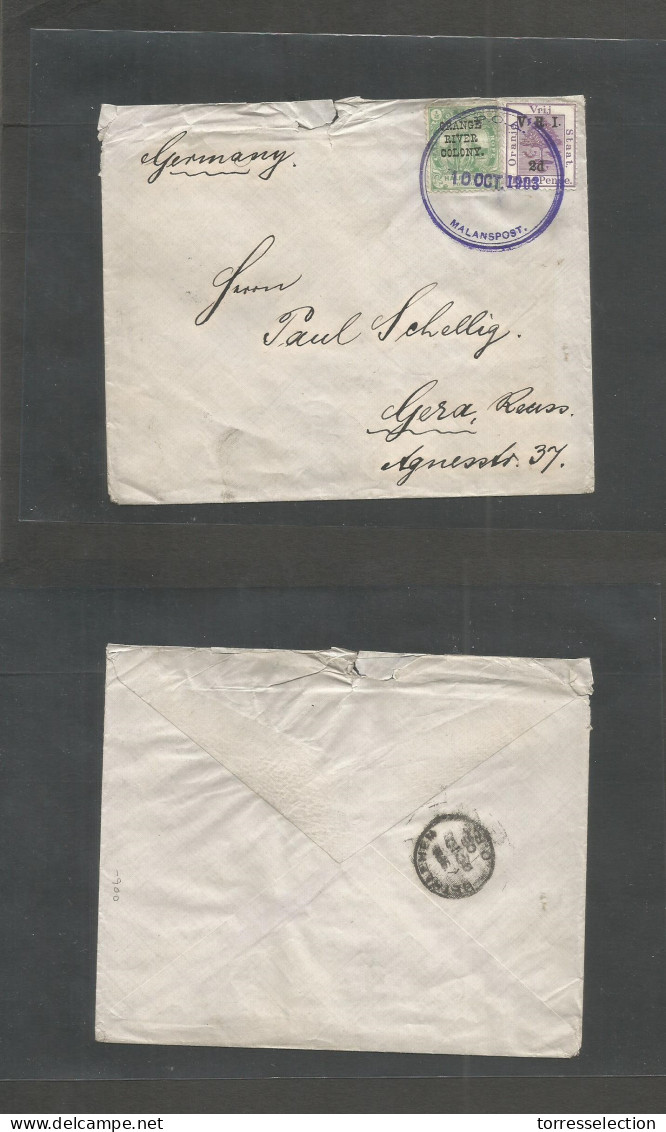 SOUTH AFRICA. 1903 (10 Oct) POA. Malanspost - Germany, Gera. Fkd Envelope With Provisional Violet Rabber Stamp Cachet, V - Altri & Non Classificati