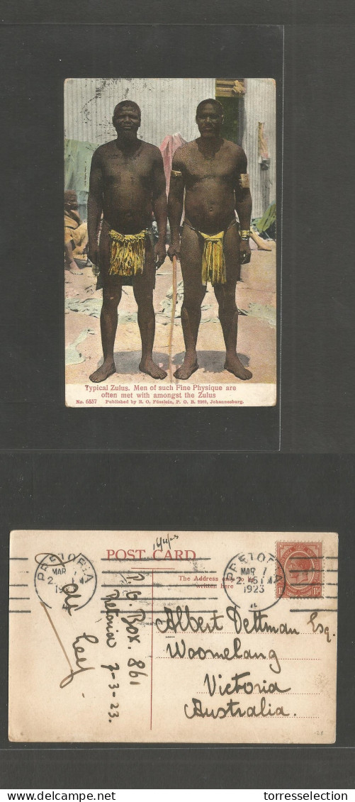 SOUTH AFRICA. 1923 (7 March) Pretoria - Australia, Vic, Woomelany. Black History Fkd Ppc. Zulus. - Altri & Non Classificati