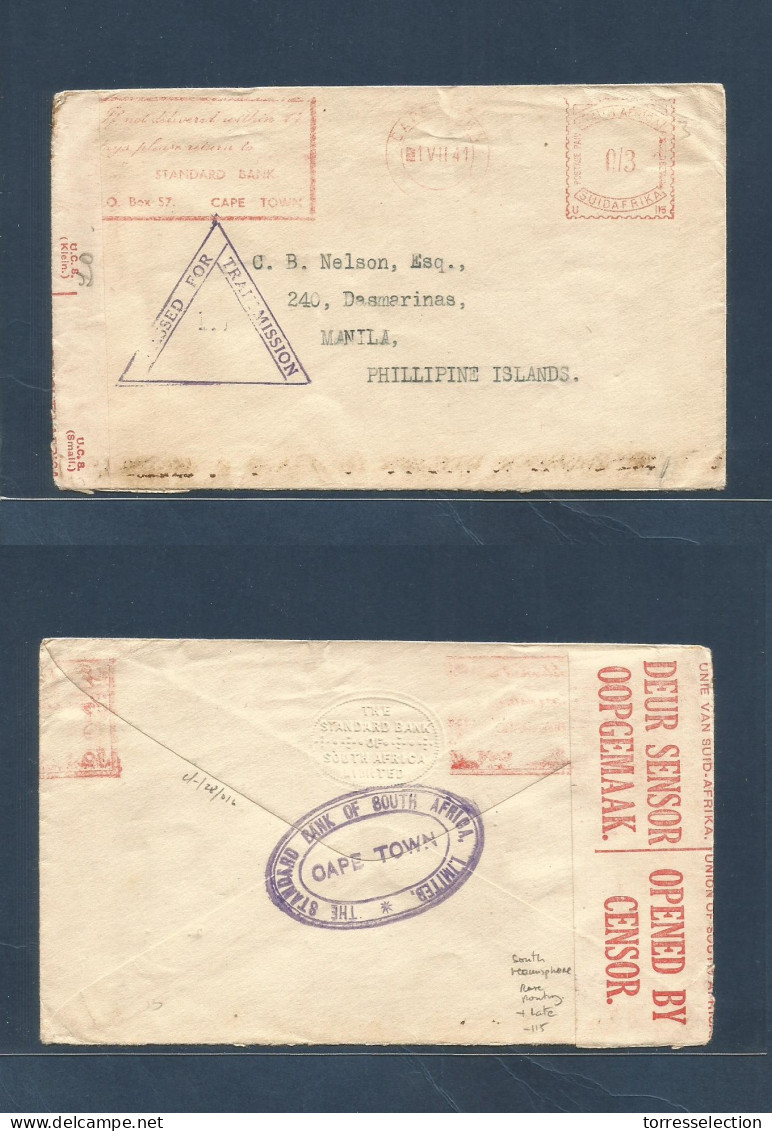 SOUTH AFRICA. 1941 (1 July) Capetown - Philippines, Manila. Machine Cachet Fkd Env + South Africa Censor Label + Singapo - Altri & Non Classificati