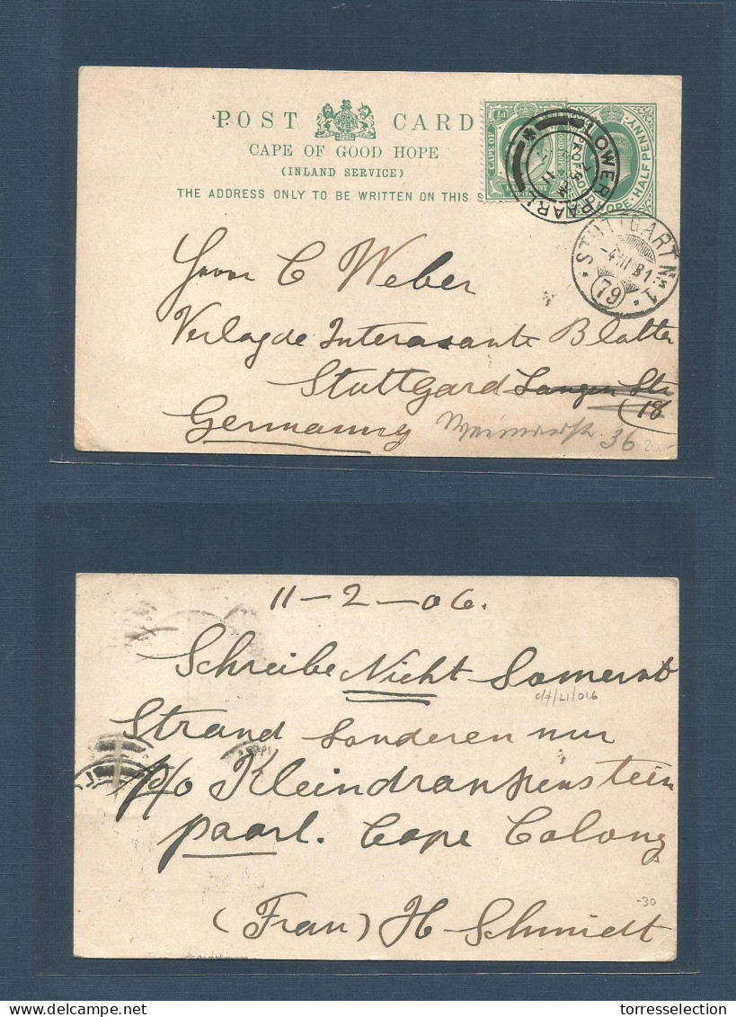 SOUTH AFRICA. 1906 (11 Febr). Cape Of Good Hope, Kowen Paarl - Germany, Stuttgart (4 March) 1/2d Green Stat Card + 1/2d  - Altri & Non Classificati