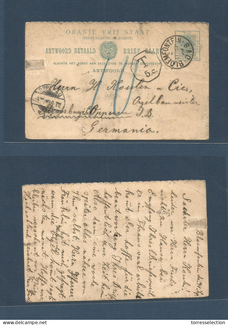 SOUTH AFRICA. 1899 (11 Sept) ORC. Bloemfontain - Germany, Oppenau (3 Oct 99) Reply 2d Green Stationary Card + Taxed T-5  - Altri & Non Classificati