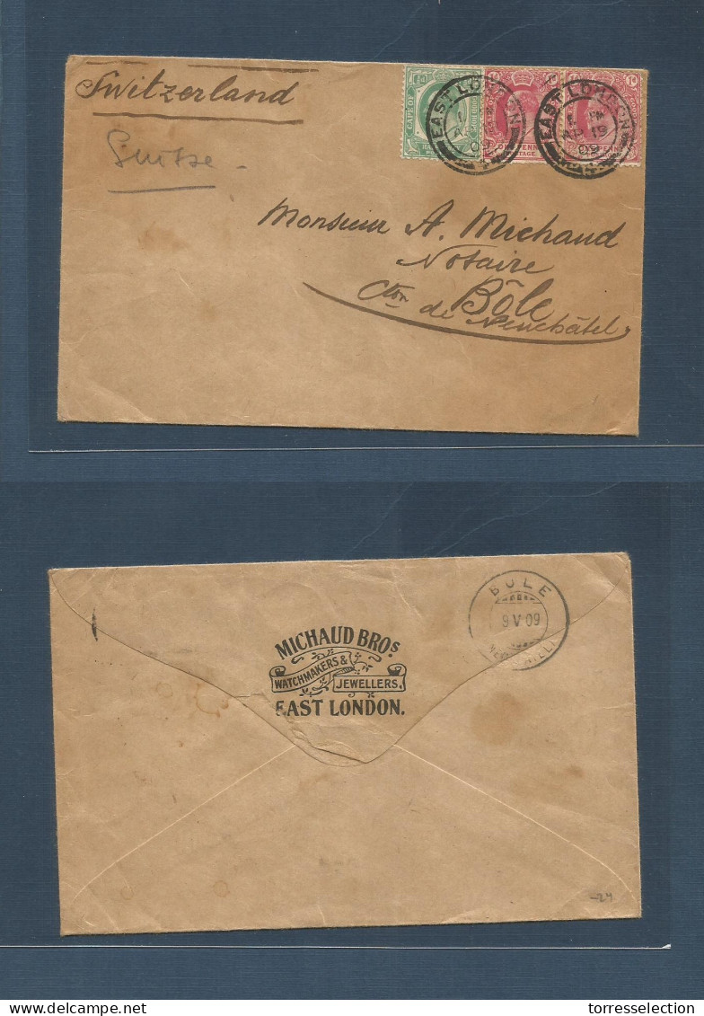 SOUTH AFRICA. 1909 (Apr 19) C GH. East London - Switzerland Bale (9 May) Jewellery Reverse Printed Multifkd Envelope At  - Altri & Non Classificati