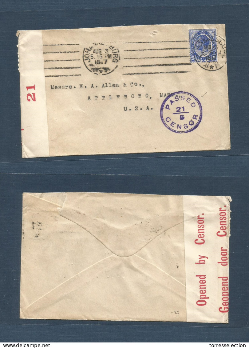 SOUTH AFRICA. 1917 (3 Aug) Joburg - USA, Attlebovo, Mass. Single Fkd + Censored (label + Cachet) Nice Condition Item. - Other & Unclassified