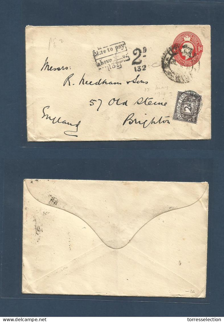 SOUTH AFRICA. 1914 (28 April) Union Of South Africa. 1d Red Stat Envelope, Insuf / 2d To Pay, Addressed To Brighton, Eng - Altri & Non Classificati