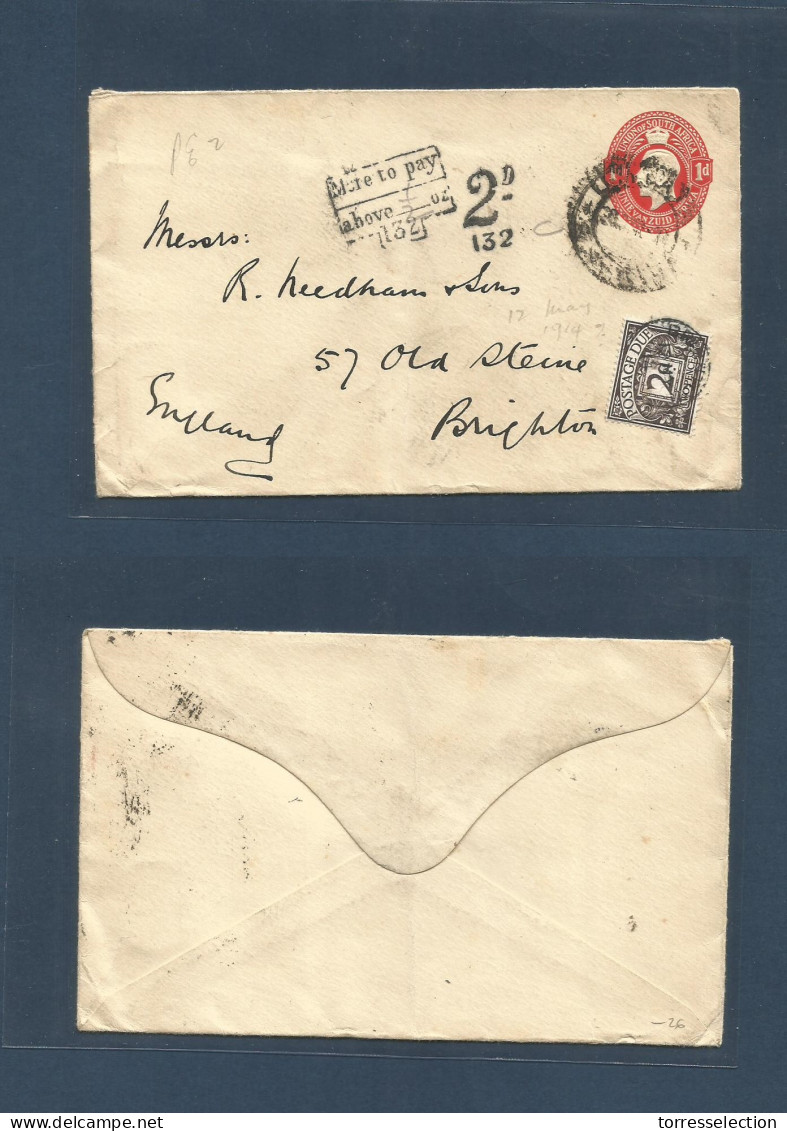 SOUTH AFRICA. 1914 (28 April) Union Of South Africa. 1d Red Stat Envelope, Insuf / 2d To Pay, Addressed To Brighton, Eng - Other & Unclassified