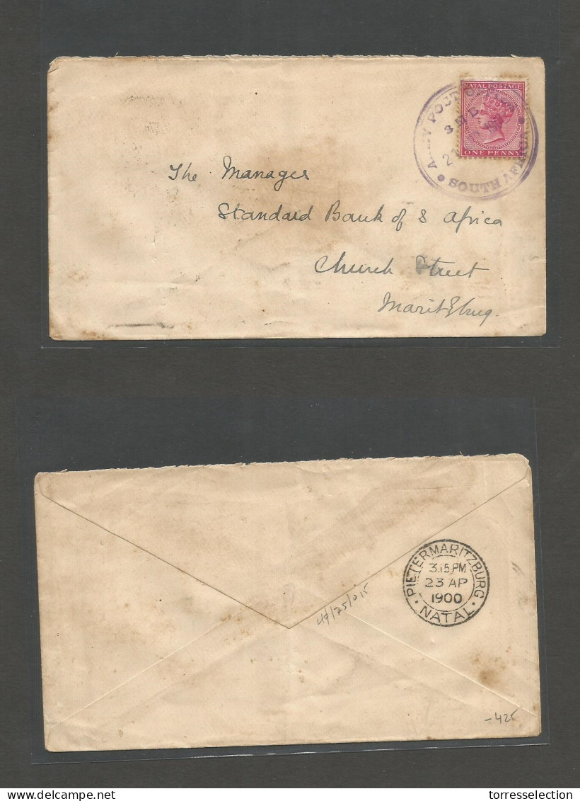 SOUTH AFRICA. 1900 (21 March) Natal 3MB. APO - Maritzburg (23 Apr) 1d Rose Fkd Envelope, Violet Rubber Cachet. VF Strike - Altri & Non Classificati