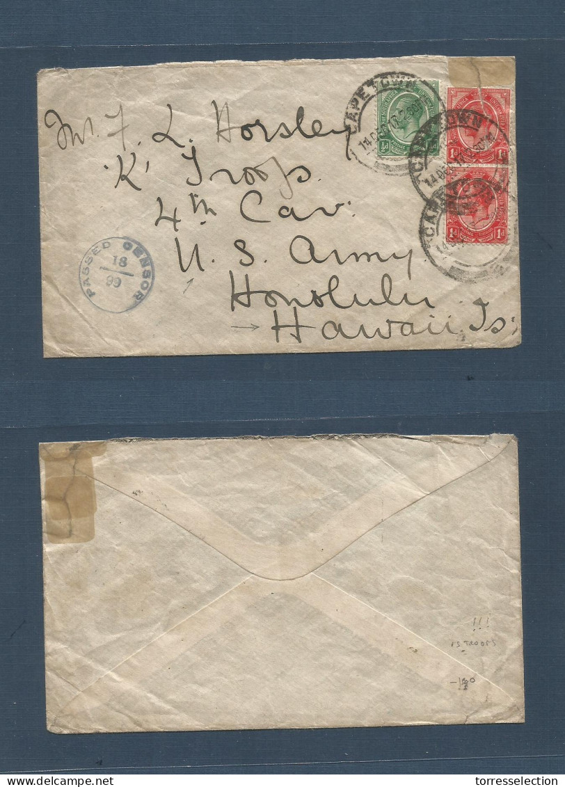 SOUTH AFRICA. 1917 (14 Dec) Cape Town - Hawaii, Honululu, US Army "K" Troops. Fkd + Censored Envelope. Extraordinary Rar - Other & Unclassified
