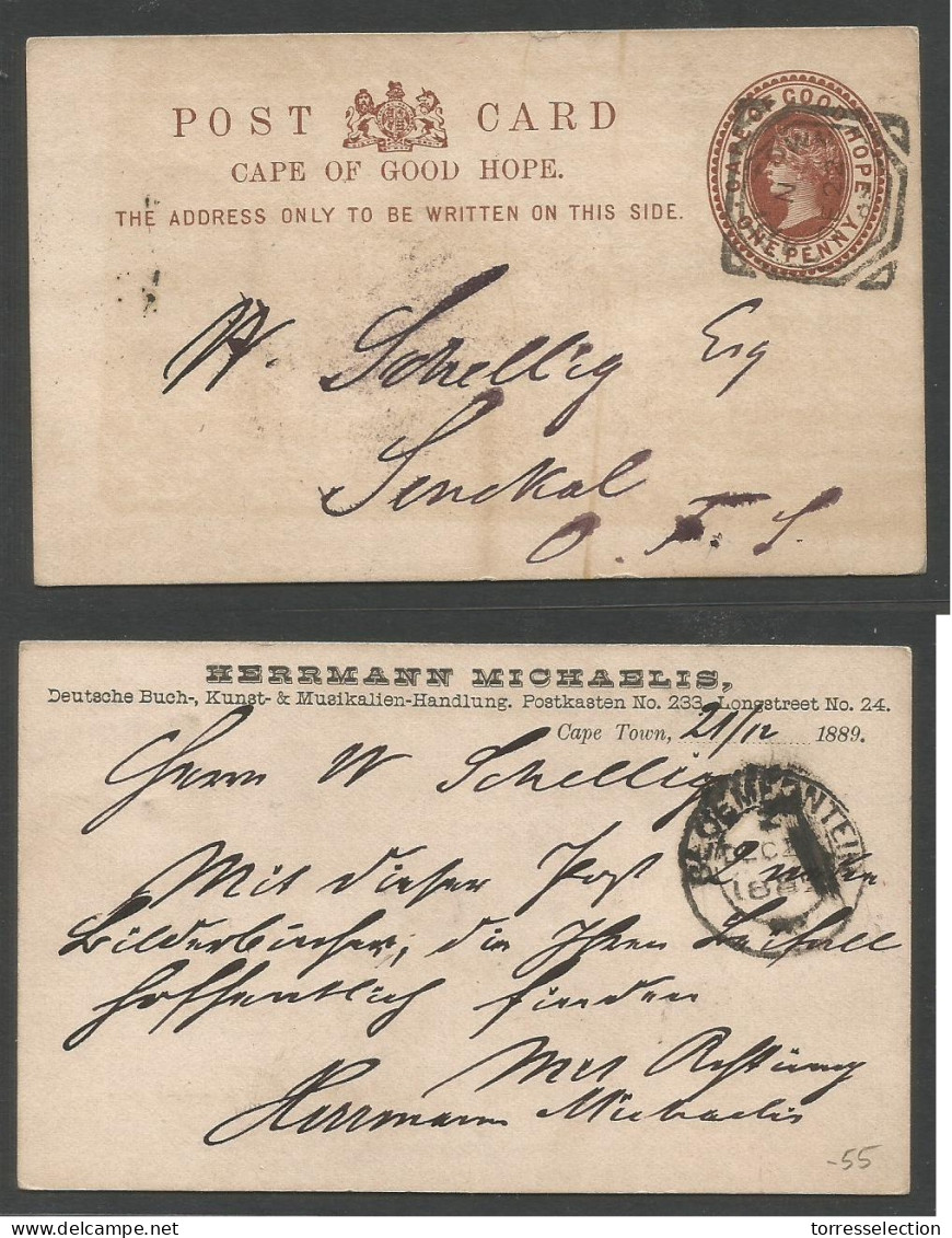 SOUTH AFRICA.  1889 (21 Dec) CGH - OFS, Senckal. Via Bloemfontein (Dec 23) 1d Brown Stationary Card. Private Print Herma - Other & Unclassified