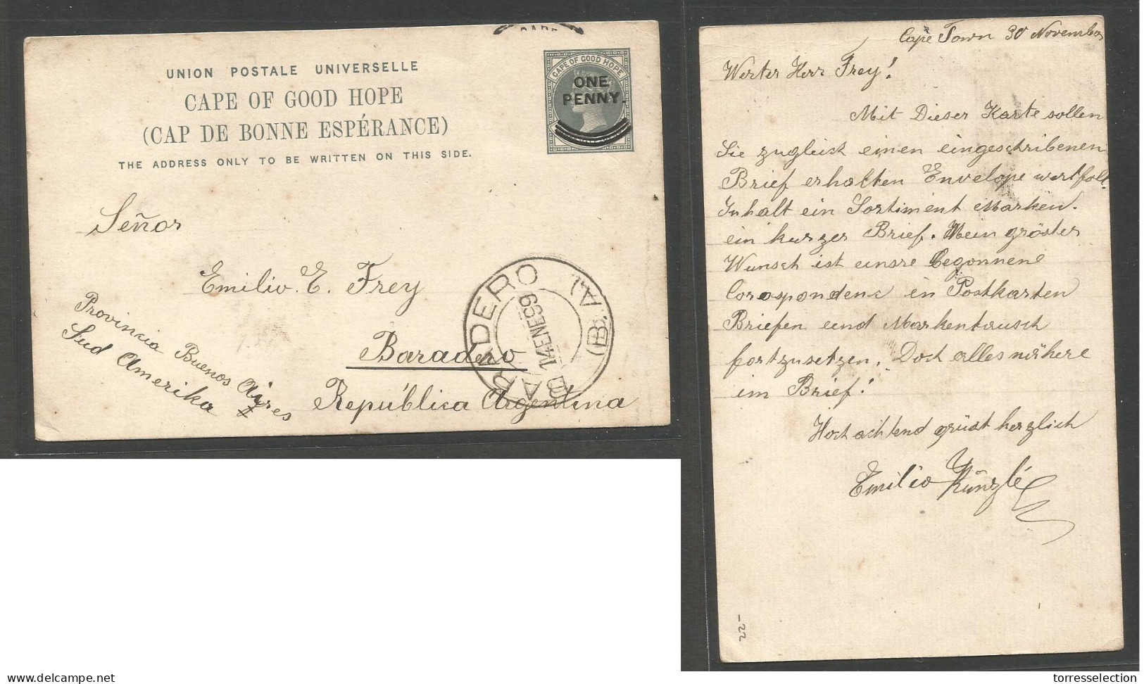 SOUTH AFRICA. 1898 (30 Nov) Capetown - Argentina, Baradero (14 Enero 99) 1d Ovptd Stat Card. Fine Arrival Cachet. - Altri & Non Classificati
