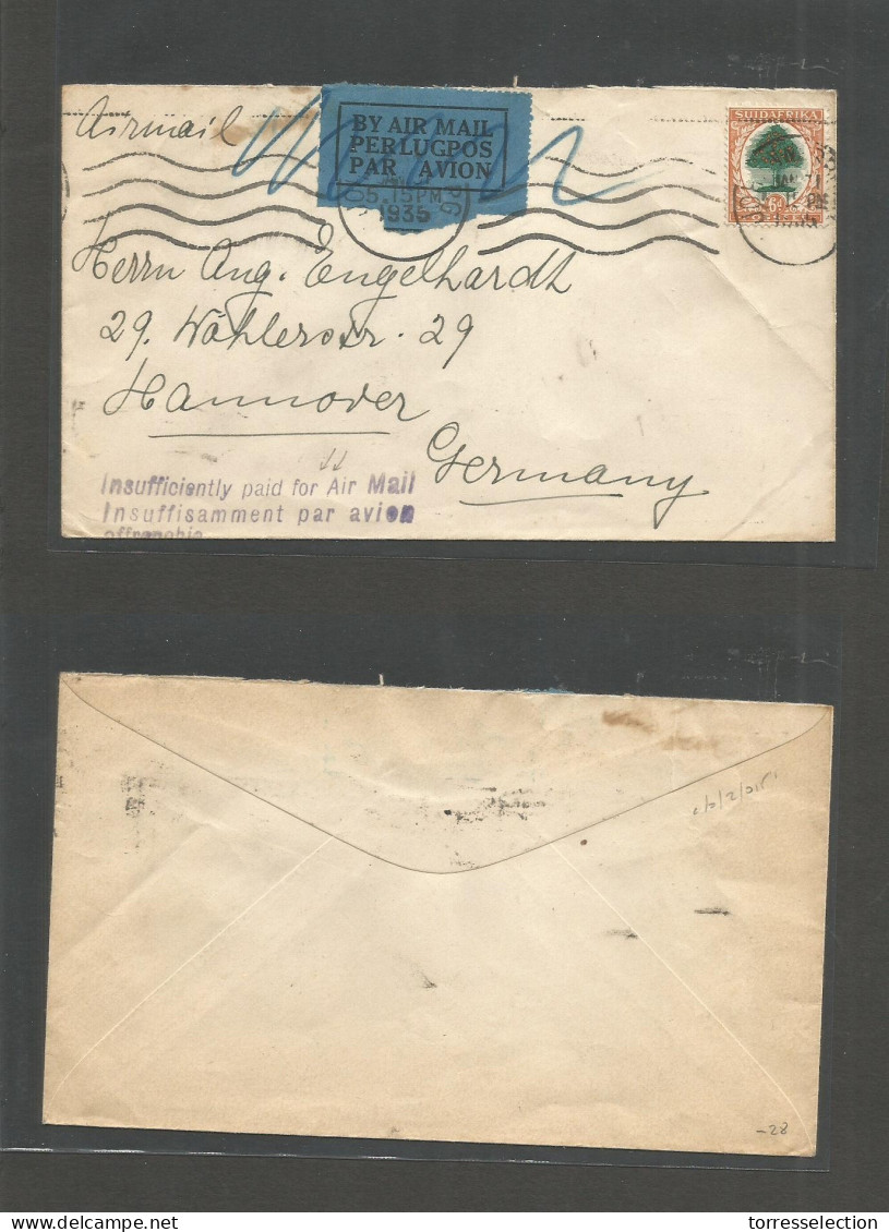 SOUTH AFRICA. 1935 (Jan 31) Joburg - Germany, Hannover. Air Fkd Env + Aux Cachet. "Insufficiently Paid For Air Mail + In - Other & Unclassified