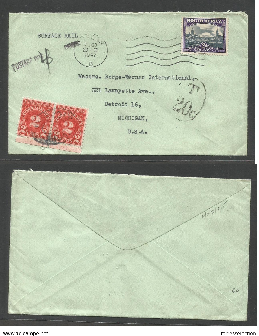 SOUTH AFRICA. 1947 (20 Feb) Durban - USA, Michigan, Detroit. Surface Mail Simple Fkd 2d + Taxed US P. Dues 2c Pair, Arri - Other & Unclassified