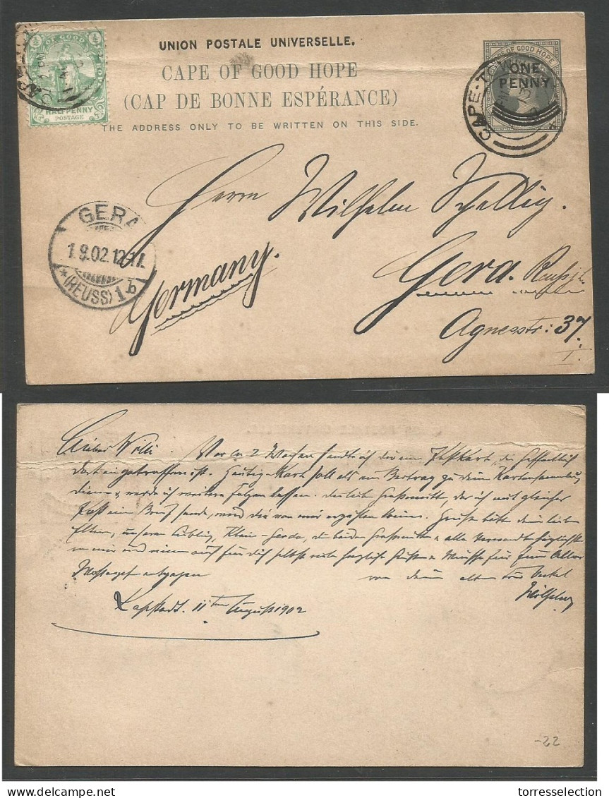 SOUTH AFRICA. 1902 (11 Aug) CGH. Cape / Kapstadt - Germany, Gera (1 Sept) 1d Overprinted VPV Stationary Card + Adtl. - Altri & Non Classificati