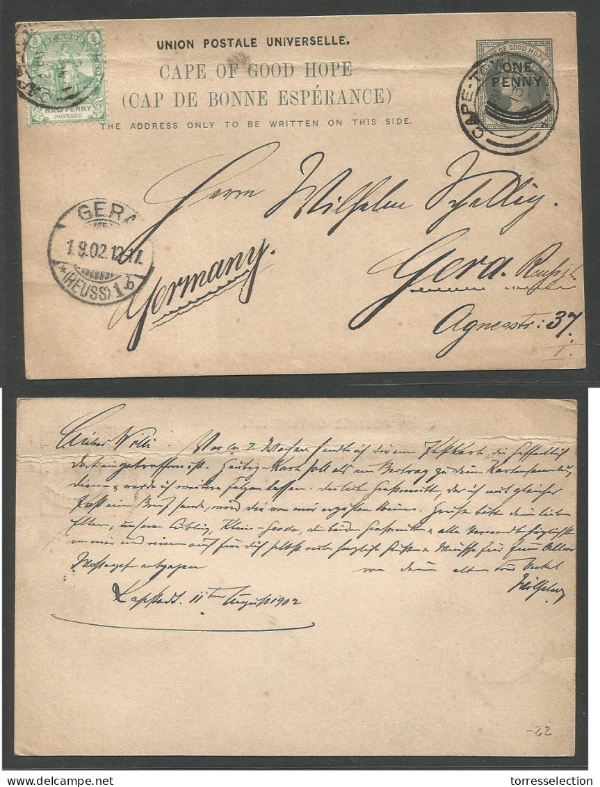 SOUTH AFRICA. 1902 (11 Aug) CGH. Cape / Kapstadt - Germany, Gera (1 Sept) 1d Overprinted VPV Stationary Card + Adtl. - Other & Unclassified
