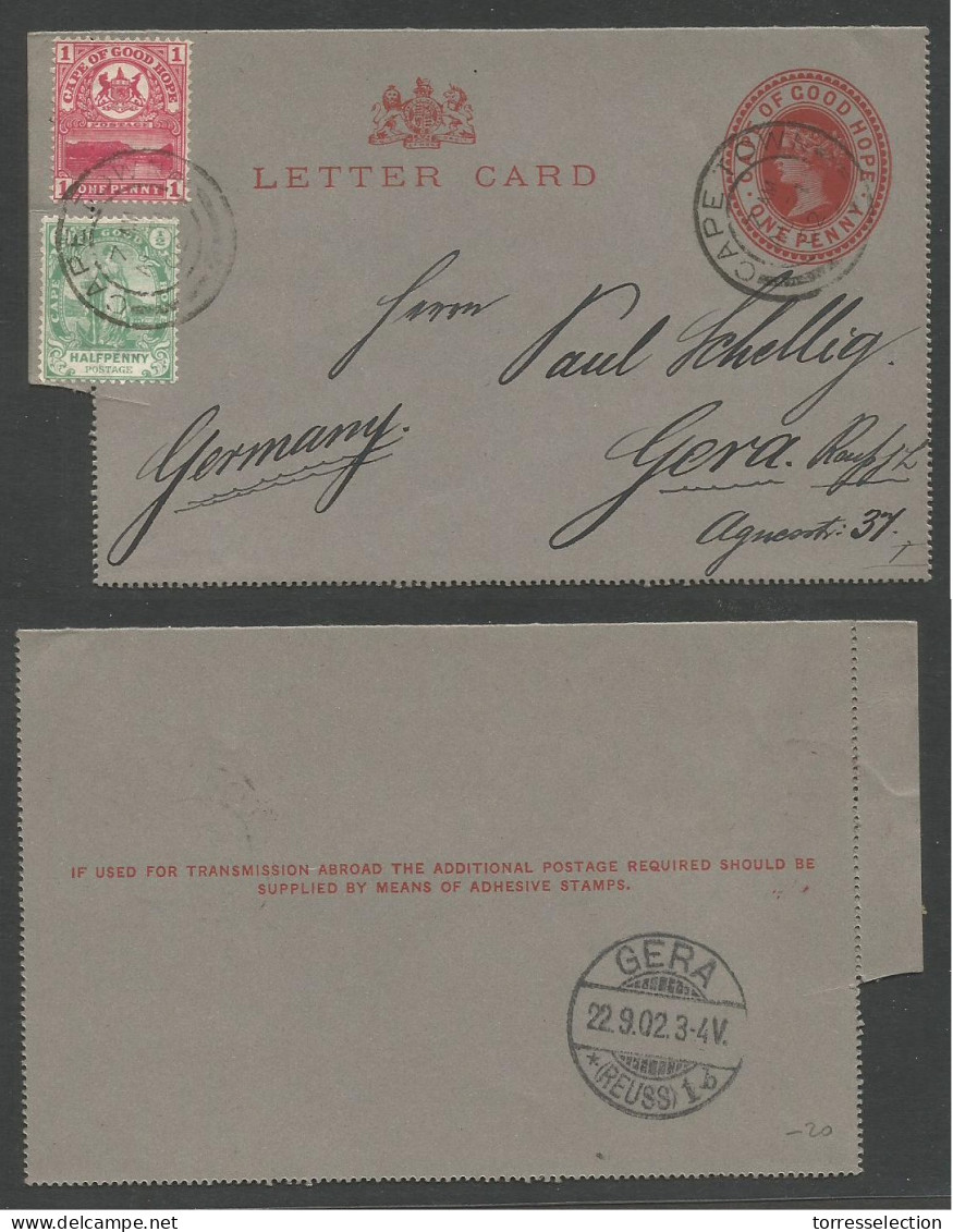 SOUTH AFRICA. 1902 (31 Aug) CGH. Cape - Germany, Gera (22 Sept) 1d Red/grey Stationary Lettersheet + 2adtls. Fine. - Altri & Non Classificati