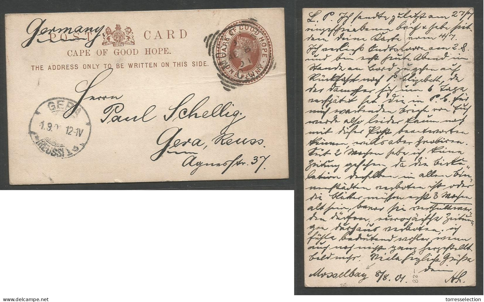 SOUTH AFRICA. 1901 (8 Aug) CGH. Mosselbay - Germany, Gera (4 Sept) 1d Brown Stationary Card. Fine + Nice Origin Village. - Other & Unclassified