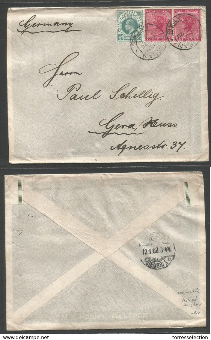 SOUTH AFRICA. 1902 (20 Dec) Durham, Natal - Germany, Gera (12 Jan 03). Multifkd Color Printed Envelope. Mixed Kingdoms F - Altri & Non Classificati