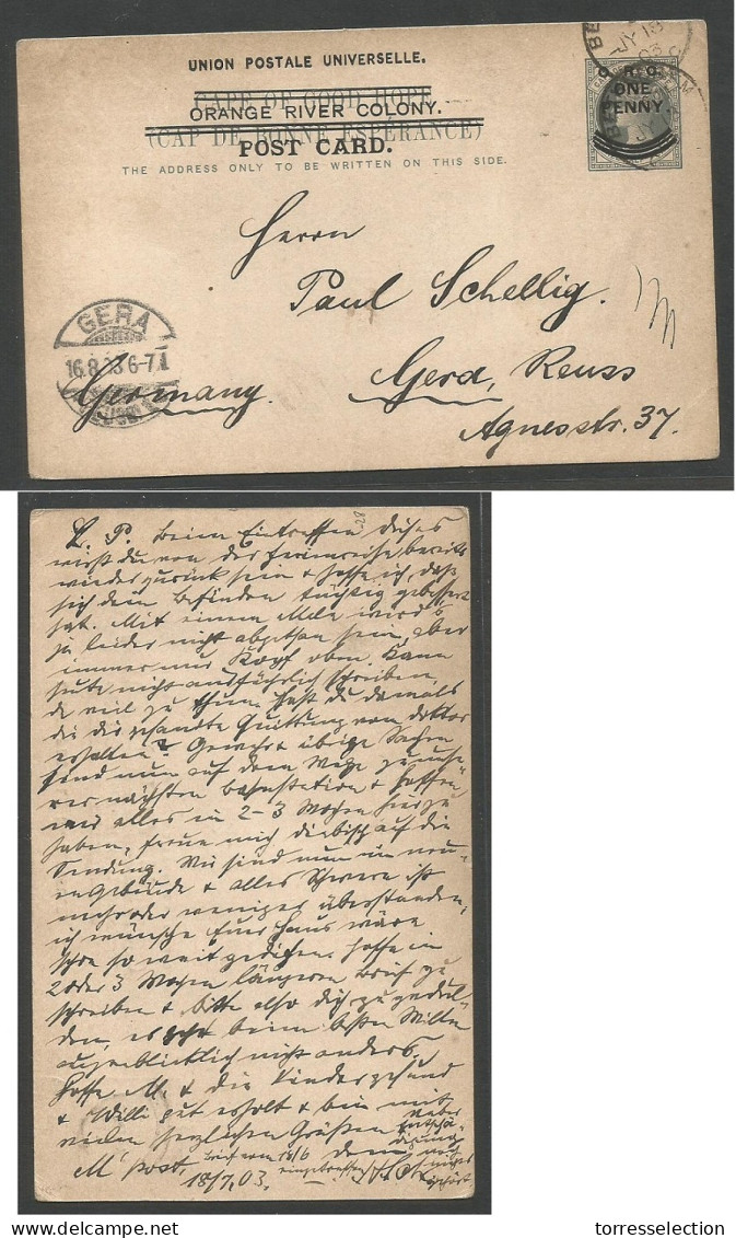 SOUTH AFRICA. 1903 (18 July) ORC. Bethelem - Germany, Gera (16 Aug) 1d Multioverprinted Stationary Card. Fine. - Other & Unclassified