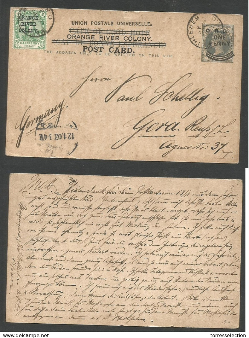 SOUTH AFRICA. 1902 (16 Dec) ORC. Bethelem - Germany, Gera (12 Jan 1903) 1d Multioverprinted Stationary Card + Adtl, Cdis - Altri & Non Classificati