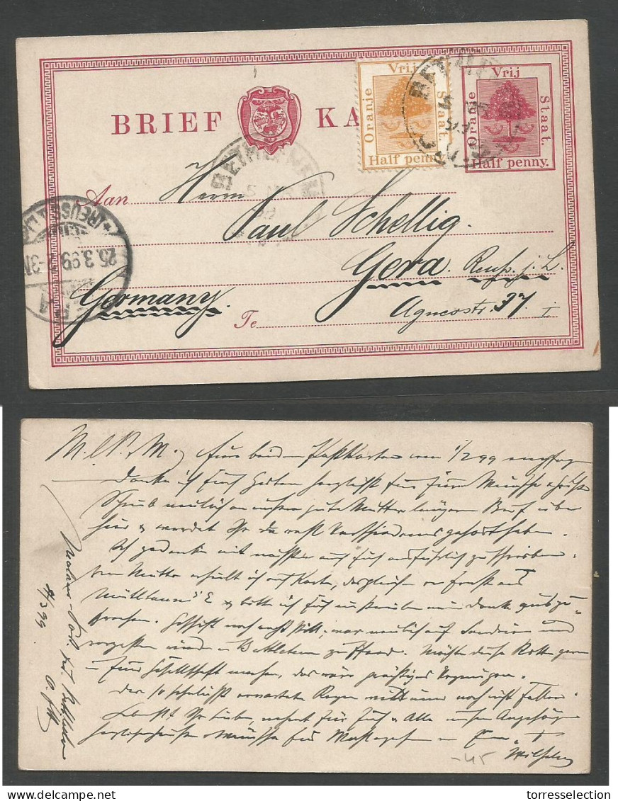 SOUTH AFRICA. 1899 (4 March) OVS, Bethelem - Germany (25 March) 1/2 D Red Stationary Card + Adtl, Cds. - Other & Unclassified