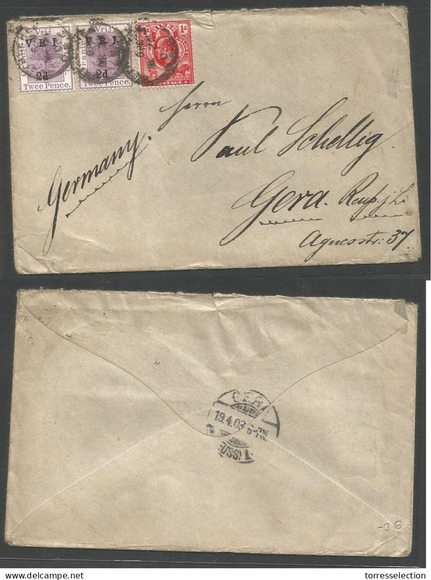 SOUTH AFRICA. 1903 (21 March) ORC - VRI. Bethelem - Germany, Gera (19 April). Multifkd Envelope. Fine. - Other & Unclassified