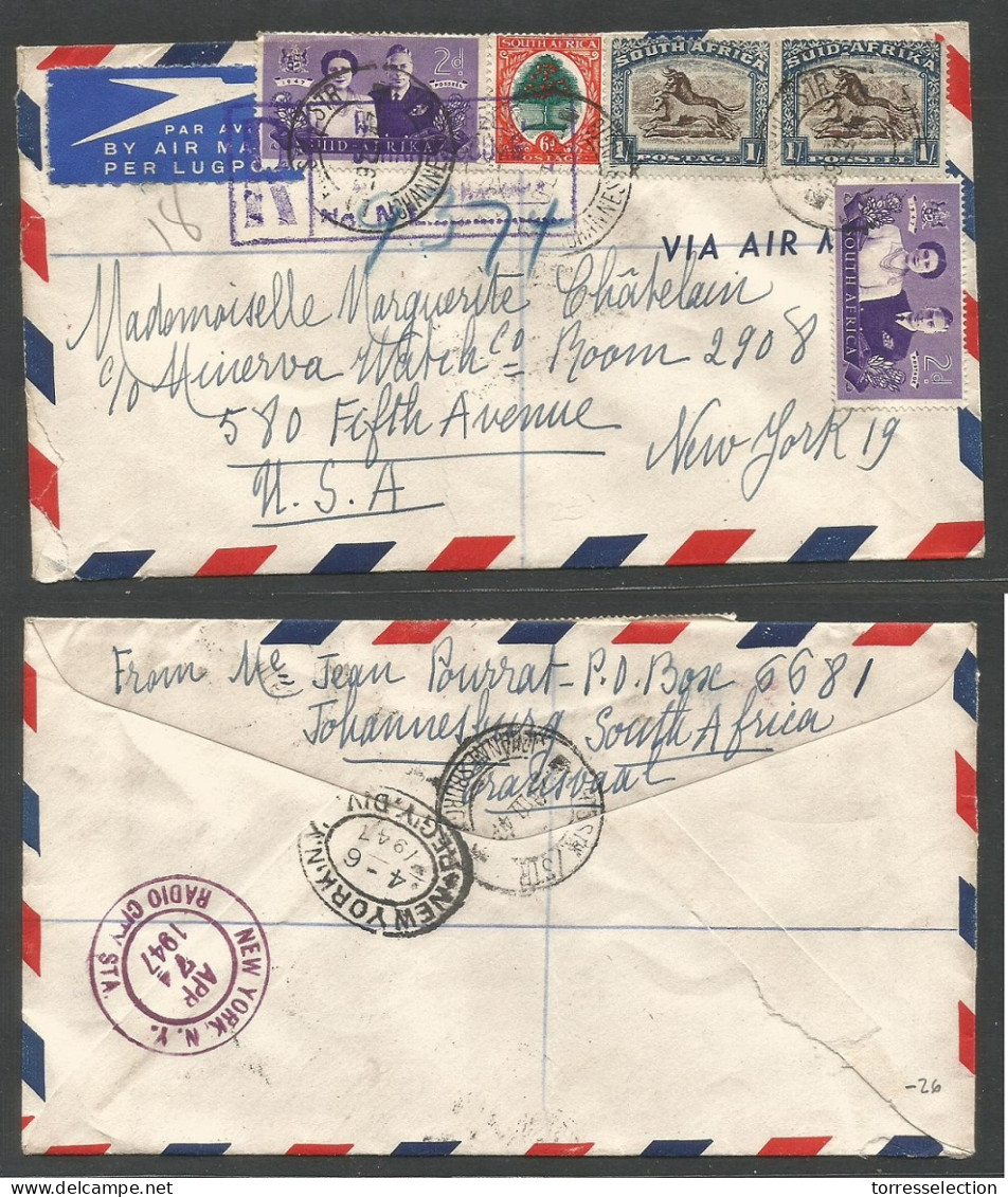 SOUTH AFRICA. 1947. Joburg - USA, NYC (6-7 April) Registered Air Multifkd Mixed Issues Envelope. - Altri & Non Classificati