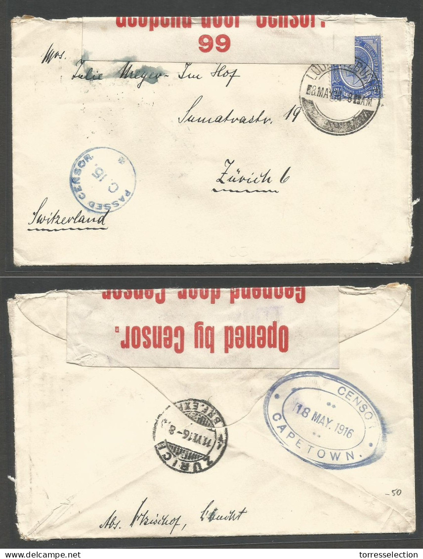 SOUTH AFRICA. 1916 (8 May) Ludenhzbucht - Switzerland, Zurich (11 June) Fkd Triple Censored Envelope. POW Red Cross Mail - Altri & Non Classificati