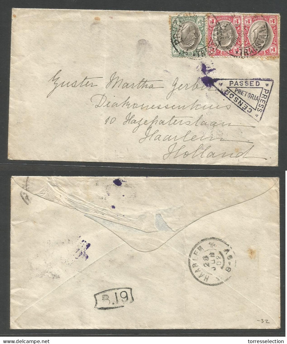 SOUTH AFRICA. 1902 (5 June) Pretonia - Netherlands Haarlem (28 June) Multifkd Envelope + Depart Censored. - Altri & Non Classificati