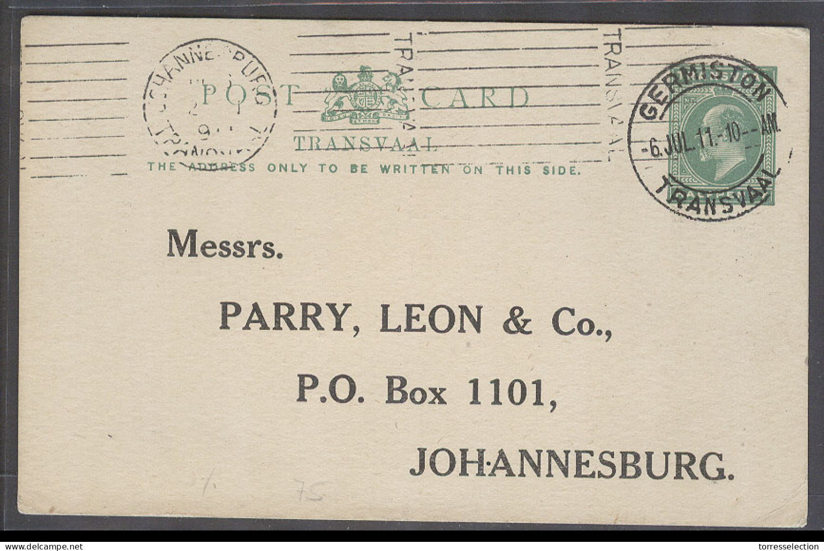 SOUTH AFRICA. 1911 (6 July) Transvaal. Germiston - Joburg (6 July). 1/2d Green K E VII Stat Card. VF Cds Strike. - Altri & Non Classificati