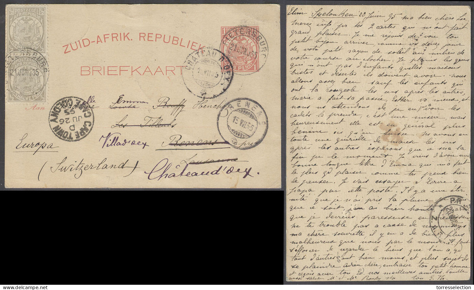 SOUTH AFRICA. 1895 (20-21 June). ZAR. Spelon Ken - Switzerland, Chateau D'Oex (15 July). 1d Red Stat Card 2 Adtl 1/2d Gr - Altri & Non Classificati