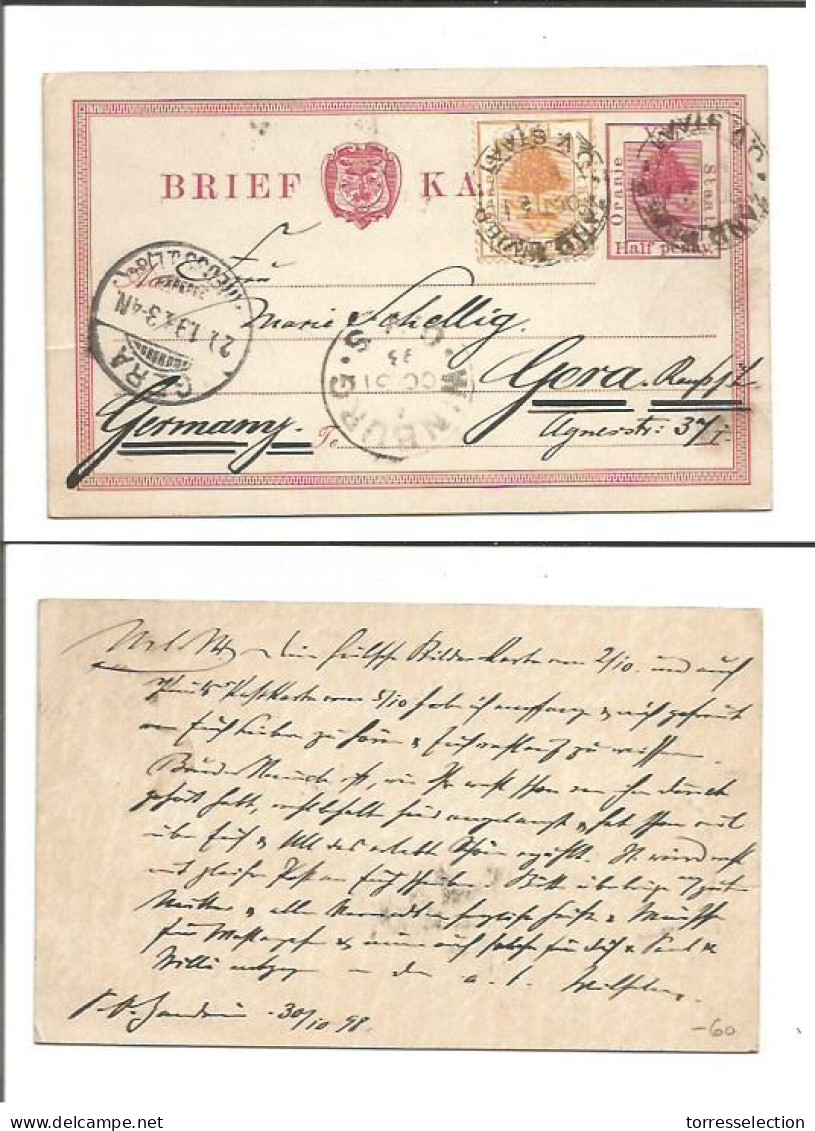 SOUTH AFRICA. 1898 (30 Oct). OVS Zand River - Germany, Gera (20 Nov). 1/2d Red Stat Card 1/2d Orange Adtl Tied Cds. Fine - Altri & Non Classificati