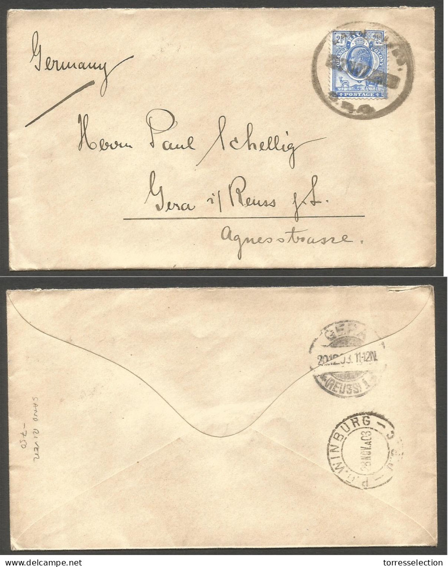 SOUTH AFRICA. 1903 (28 Nov). ORC Sand River - Germany, Gera (20 Dec). Via PO Winburg ORC. Env Fkd 2 1/2d Blue Provisiona - Altri & Non Classificati