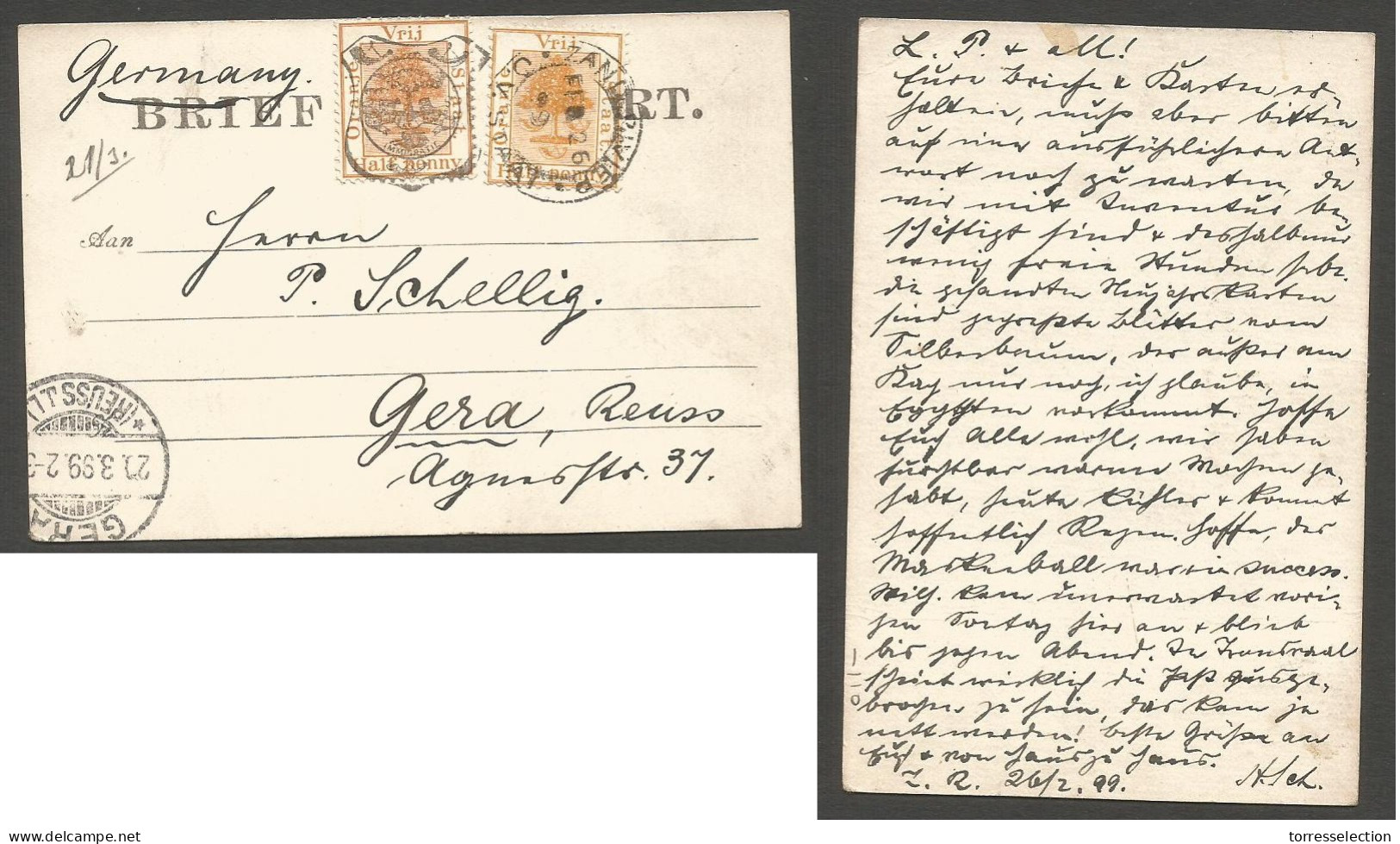SOUTH AFRICA. 1899 (26 Feb). OVS Zand River - Germany, Gera (20 March). 1/2d Orange Tied On Postal Card With Shield 1/2d - Altri & Non Classificati