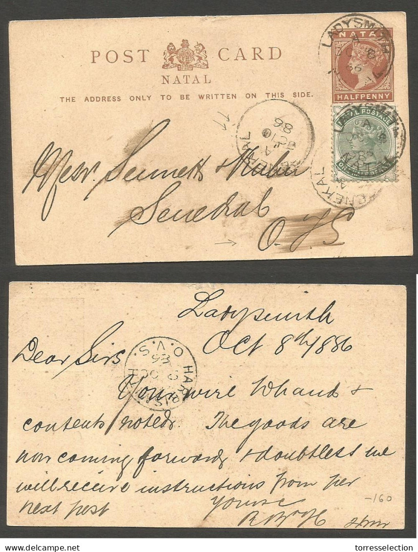 SOUTH AFRICA. 1886 (8 Oct). Natal. Ladysmith - Senekal, OJS (10 Oct). 1/2d Brown Qv Stat Card 1/2d Green Adtl Used Arriv - Altri & Non Classificati